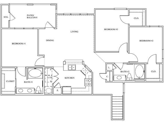 Three bedroom two bathroom floorplan
